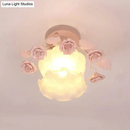 Pastoral pink & white rose glass semi flush light dining room ceiling