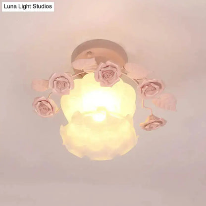 Pastoral pink & white rose glass semi flush light dining room ceiling