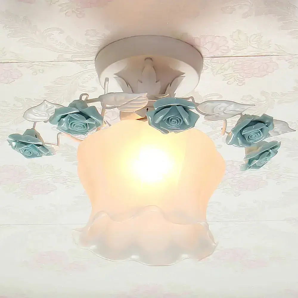 DecorBites™ Pastoral Style Ruffle Glass Semi Flush Light in Pink/White/Blue - Perfect for Dining Room Ceiling