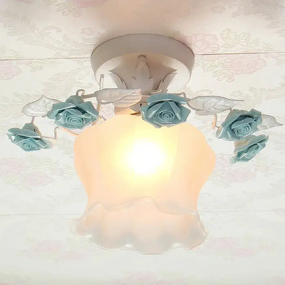 DecorBites™ Pastoral Style Ruffle Glass Semi Flush Light in Pink/White/Blue - Perfect for Dining Room Ceiling