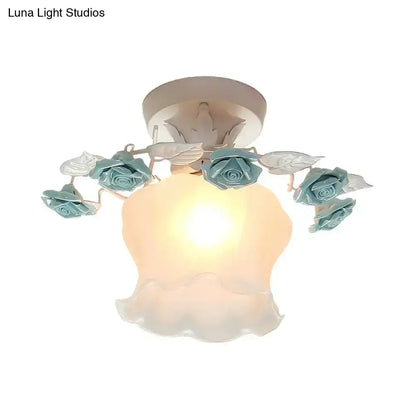 DecorBites™ Pastoral Style Ruffle Glass Semi Flush Light in Pink/White/Blue - Perfect for Dining Room Ceiling