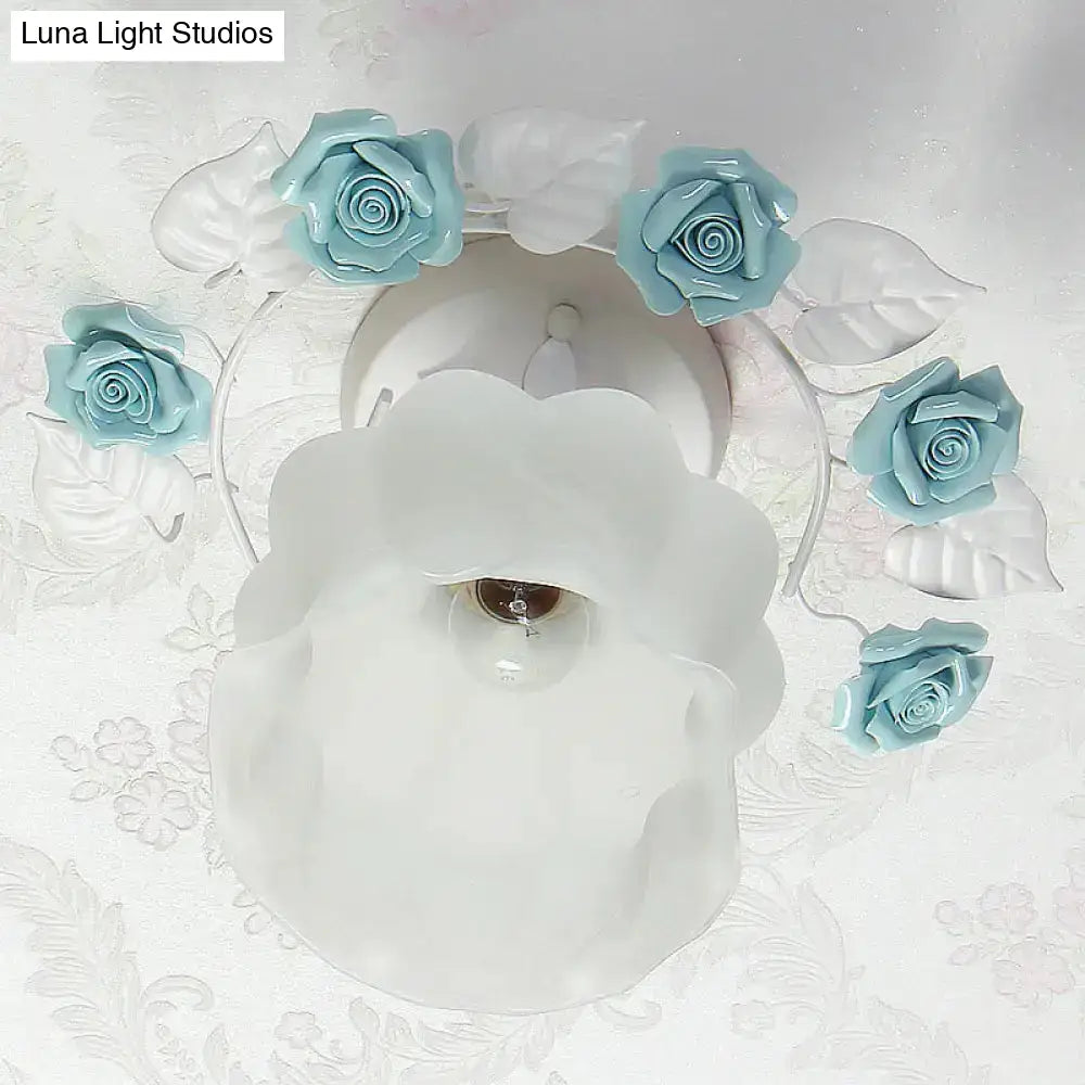 DecorBites™ Pastoral Style Ruffle Glass Semi Flush Light in Pink/White/Blue - Perfect for Dining Room Ceiling