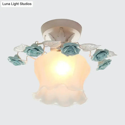DecorBites™ Pastoral Style Ruffle Glass Semi Flush Light in Pink/White/Blue - Perfect for Dining Room Ceiling