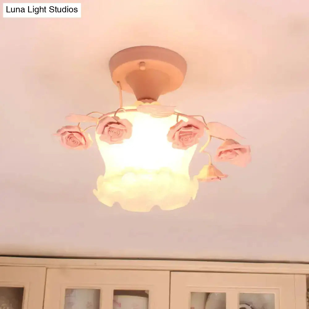 DecorBites™ Pastoral Style Ruffle Glass Semi Flush Light in Pink/White/Blue - Perfect for Dining Room Ceiling