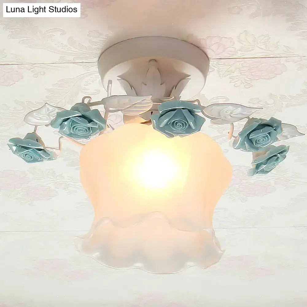 DecorBites™ Pastoral Style Ruffle Glass Semi Flush Light in Pink/White/Blue - Perfect for Dining Room Ceiling