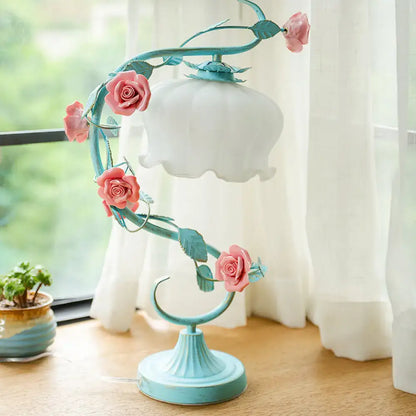 Pastoral turquoise & white rose table lamp bedroom usb charger
