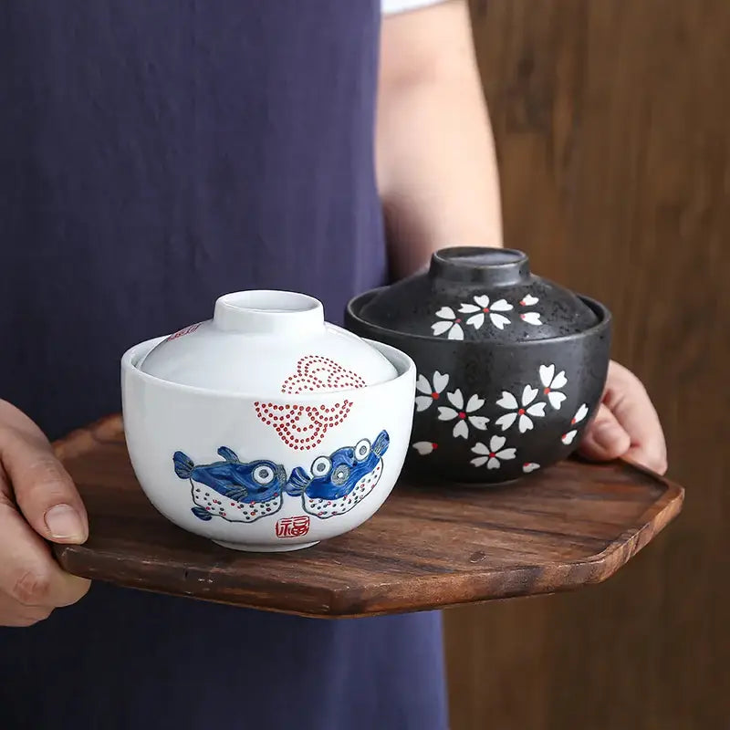 Patterned white & blue ceramic stew pot bowl dining room steaming cup