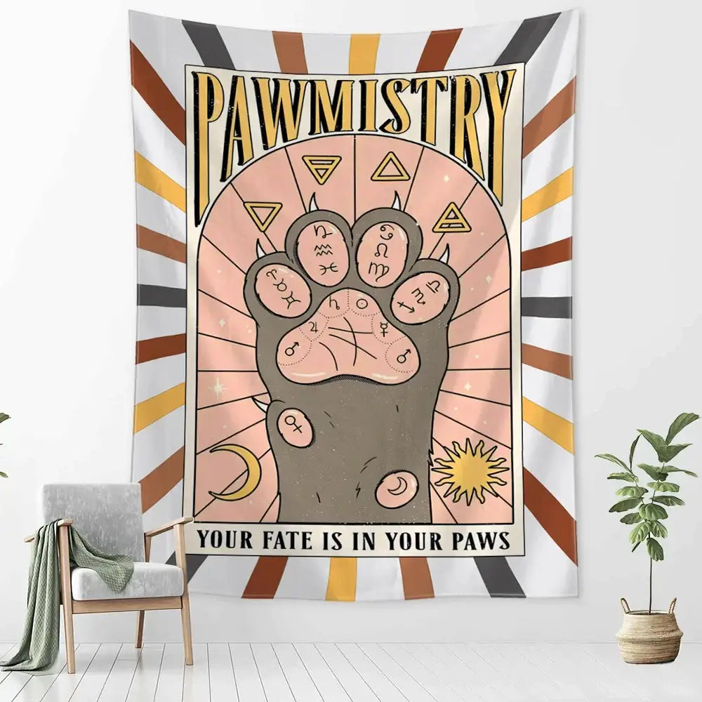 Pawmistry cartoon cat claw wall tapestry bedroom decor purple and cream