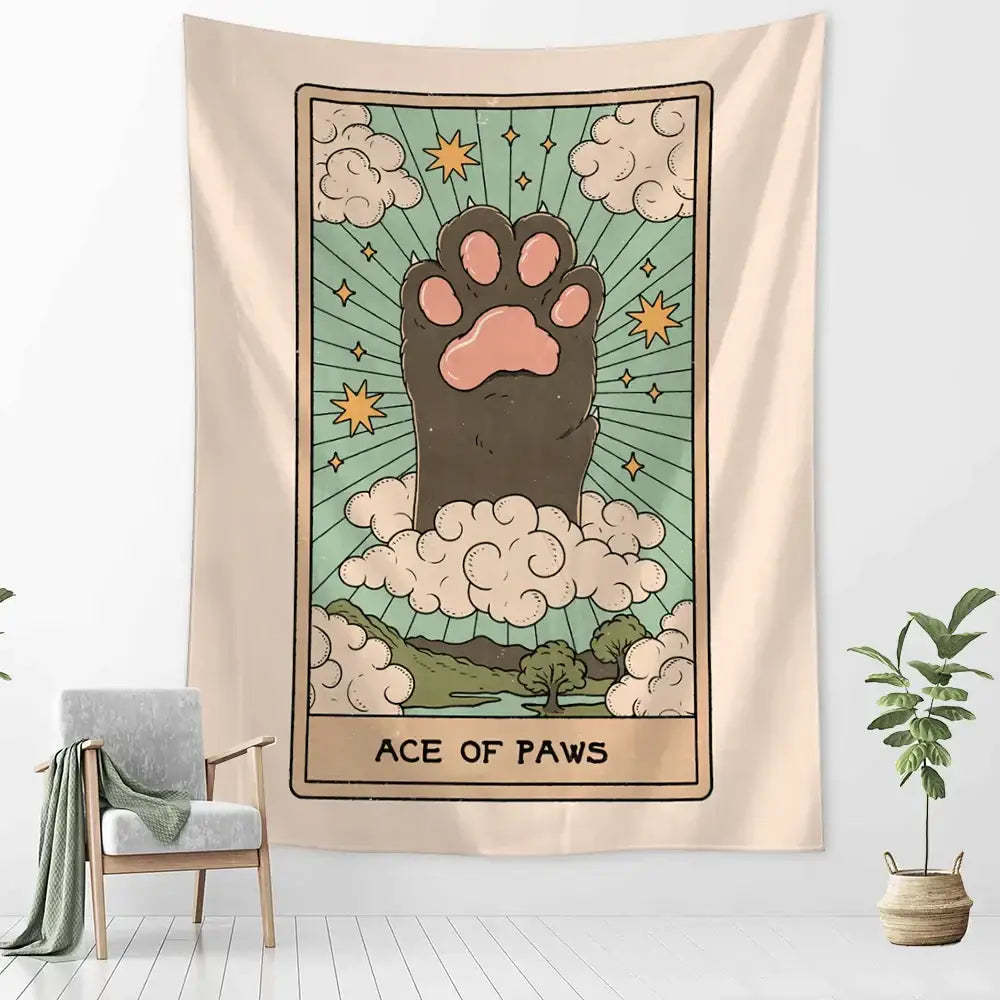 Pawmistry cartoon cat claw wall tapestry bedroom decor purple and cream