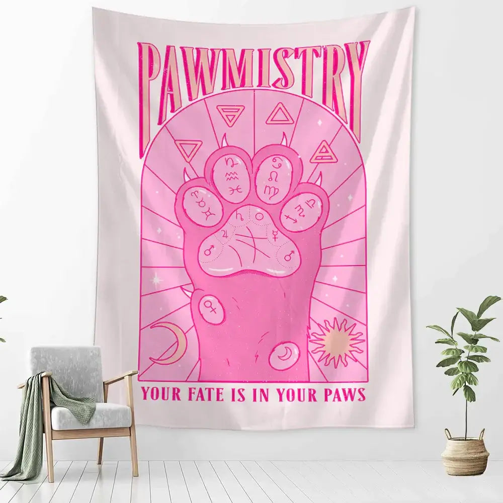 Pawmistry cartoon cat claw wall tapestry bedroom decor purple and cream