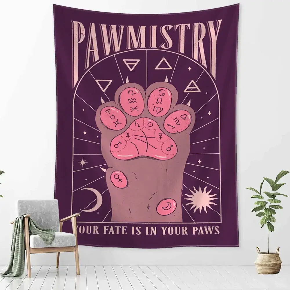 Pawmistry cartoon cat claw wall tapestry bedroom decor purple and cream
