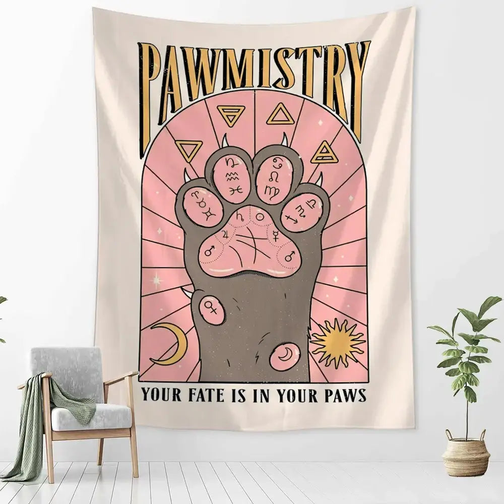 Pawmistry cartoon cat claw wall tapestry bedroom decor purple and cream