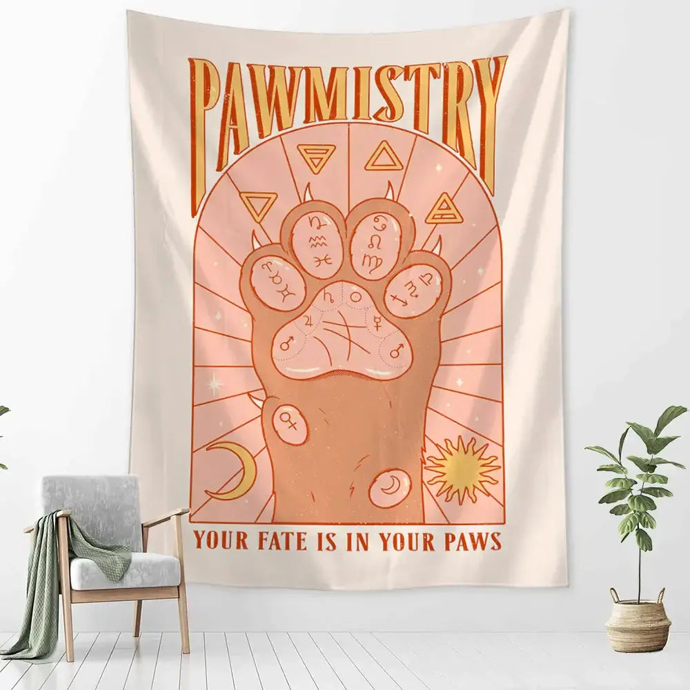 Pawmistry cartoon cat claw wall tapestry bedroom decor purple and cream