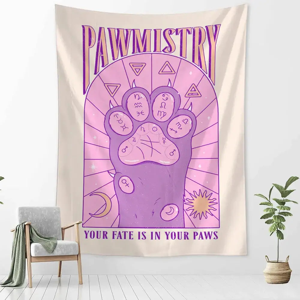 Pawmistry cartoon cat claw wall tapestry bedroom decor purple and cream
