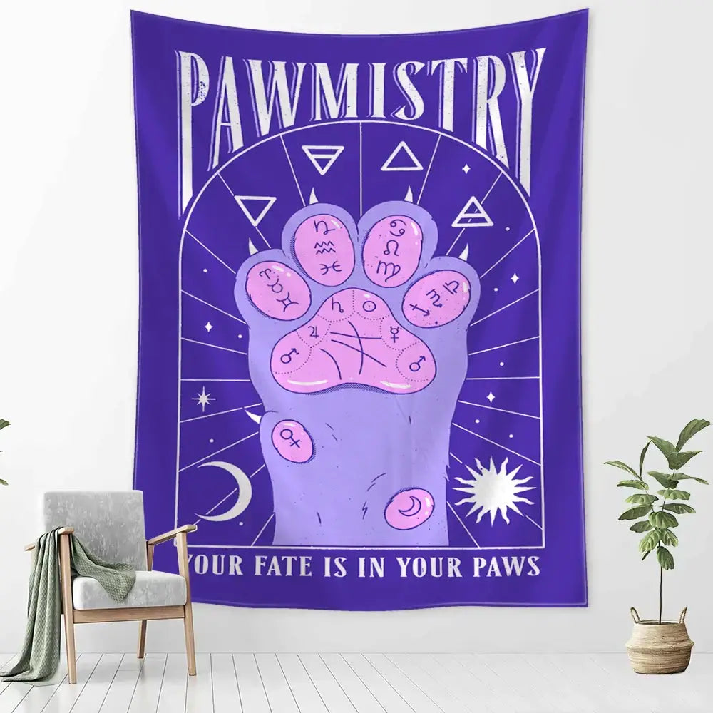 Pawmistry cartoon cat claw wall tapestry bedroom decor purple and cream
