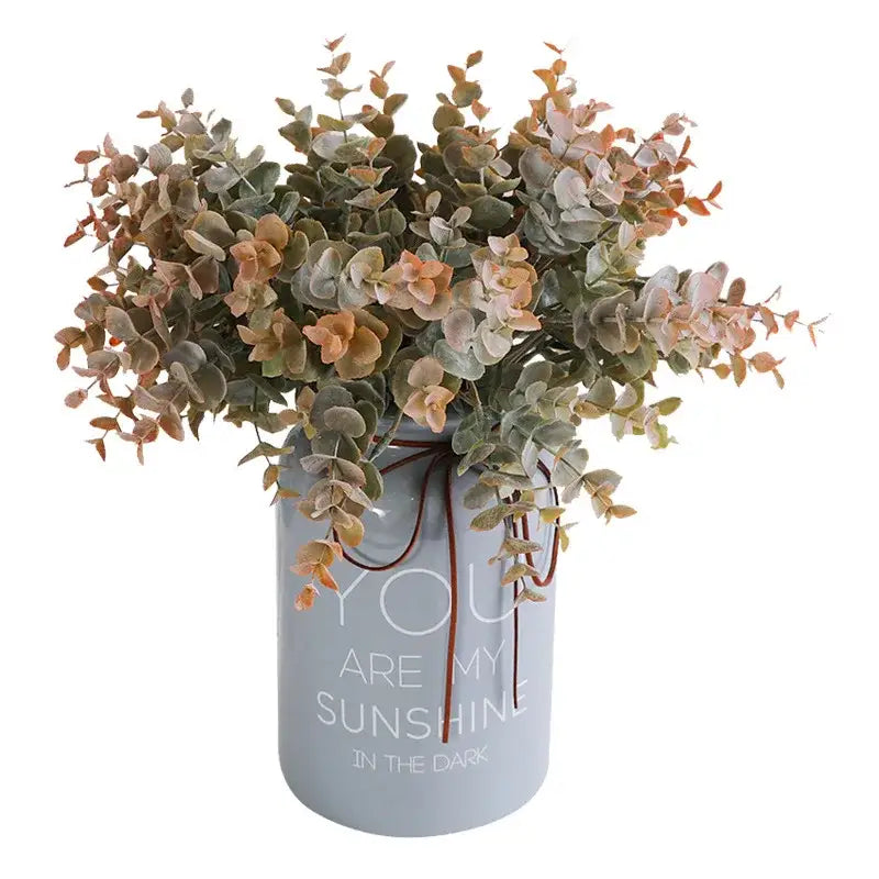 Peach & green eucalyptus leaves artificial arrangement living room vase