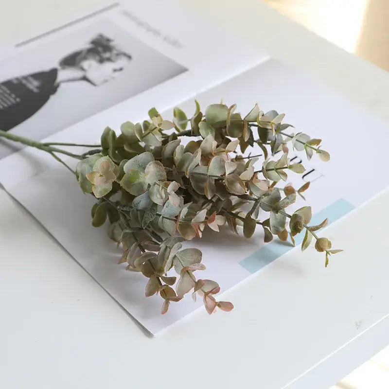 Peach & green eucalyptus leaves artificial arrangement living room vase