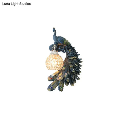 Peacock blue & gold wall sconce bedroom light with crystal dome shade