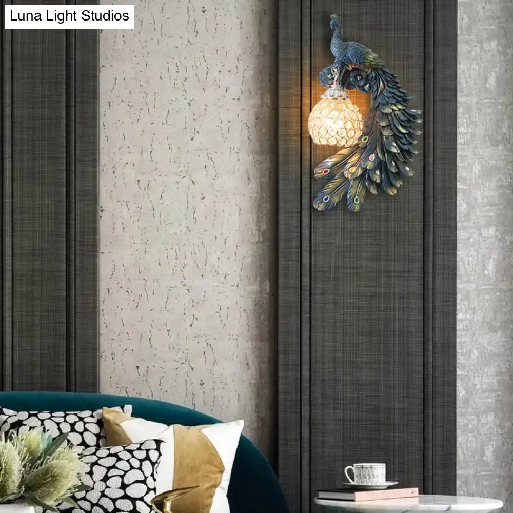 Peacock blue & gold wall sconce bedroom light with crystal dome shade