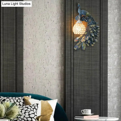 Peacock blue & gold wall sconce bedroom light with crystal dome shade