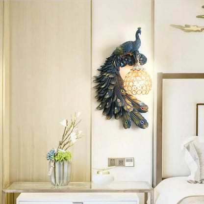 Peacock blue & gold wall sconce bedroom light with crystal dome shade
