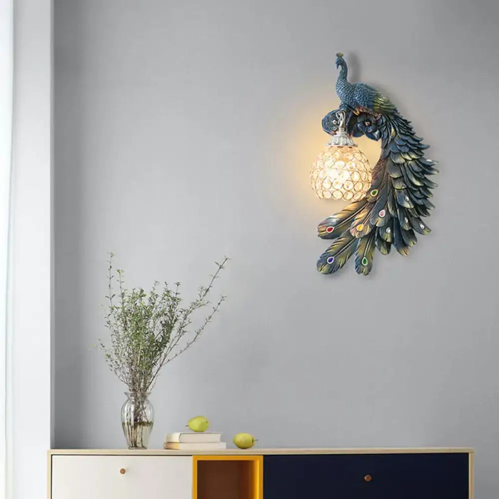 Peacock blue & gold wall sconce bedroom light with crystal dome shade