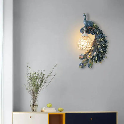 Peacock blue & gold wall sconce bedroom light with crystal dome shade