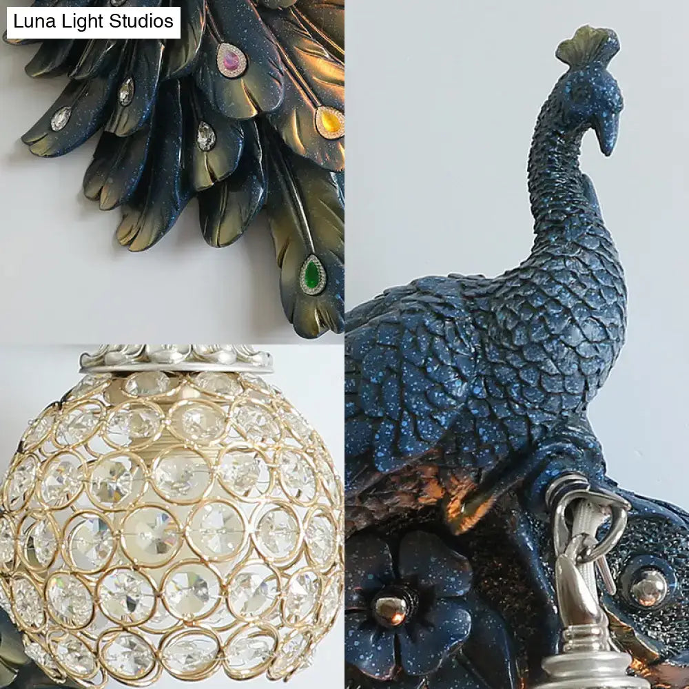 Peacock blue & gold wall sconce bedroom light with crystal dome shade