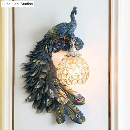 Peacock blue & gold wall sconce bedroom light with crystal dome shade