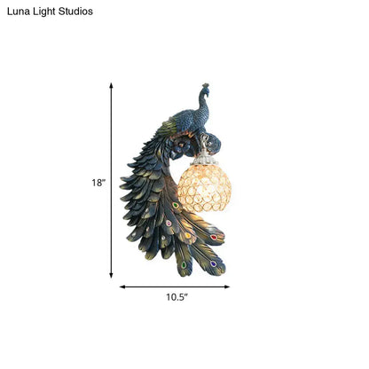 Peacock blue & gold wall sconce bedroom light with crystal dome shade