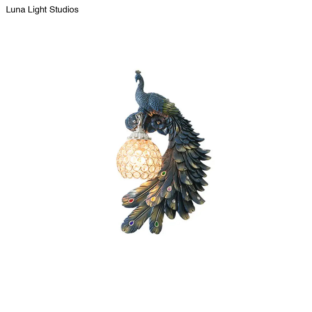 DecorBites™ Peacock Blue Lodge Resin Wall Sconce Lighting with Clear Crystal Dome Shade - 1 Light Bedside Wall Light