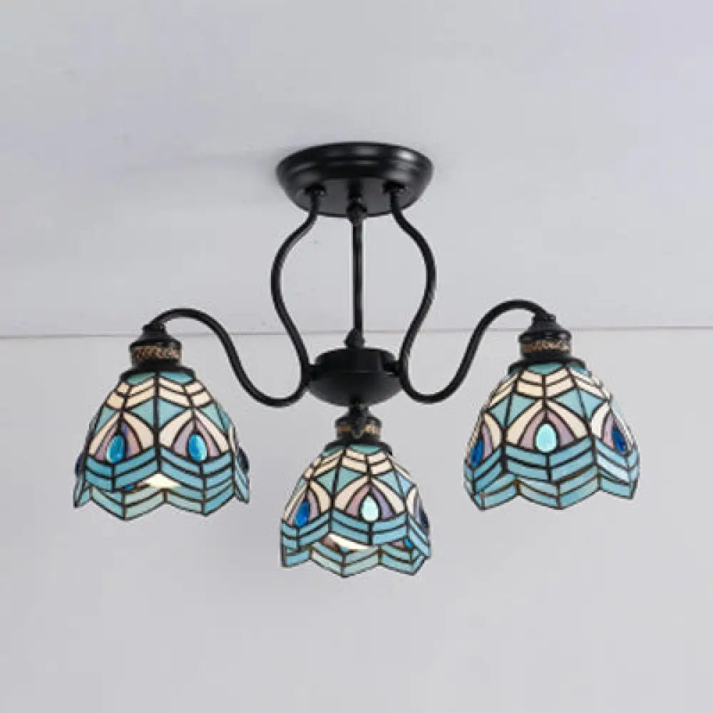 DecorBites™ Peacock Stained Glass Semi Flush Light with 3 Lights – Traditional Bowl Style