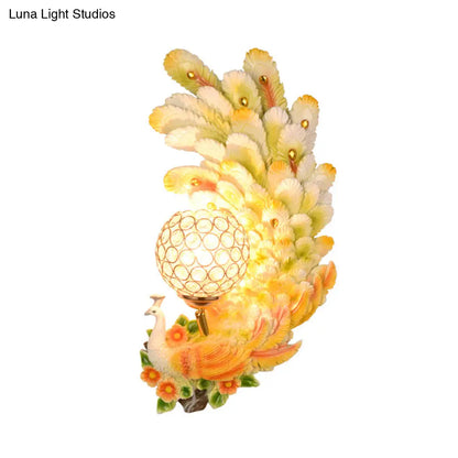 DecorBites™ Peacock Wall Sconce with Crystal Shade - Country Resin 1-Light in Yellow/Green (1/2 Pack)