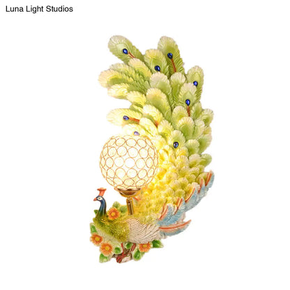 DecorBites™ Peacock Wall Sconce with Crystal Shade - Country Resin 1-Light in Yellow/Green (1/2 Pack)