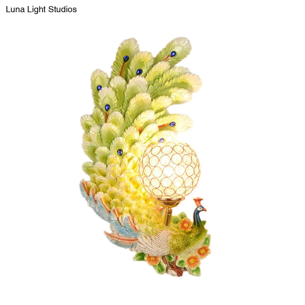 DecorBites™ Peacock Wall Sconce with Crystal Shade - Country Resin 1-Light in Yellow/Green (1/2 Pack)