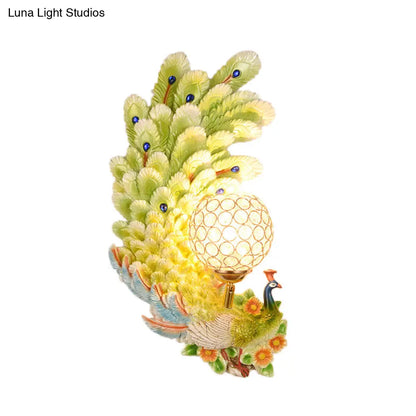 DecorBites™ Peacock Wall Sconce with Crystal Shade - Country Resin 1-Light in Yellow/Green (1/2 Pack)