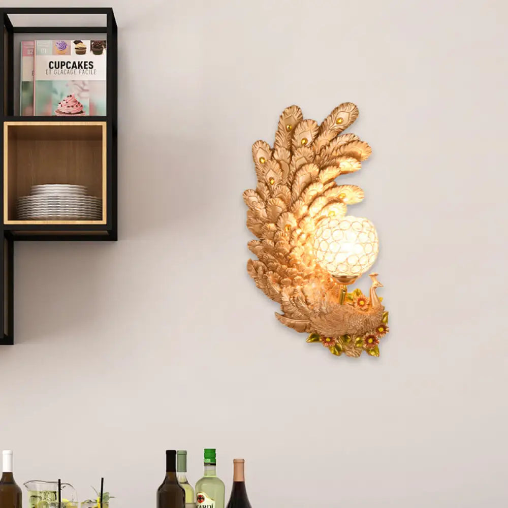 DecorBites™ Peacock Wall Sconce with Crystal Shade - Country Resin 1-Light in Yellow/Green (1/2 Pack)