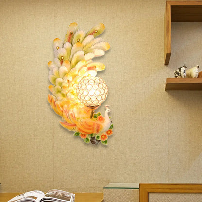 DecorBites™ Peacock Wall Sconce with Crystal Shade - Country Resin 1-Light in Yellow/Green (1/2 Pack)