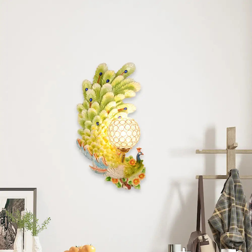 DecorBites™ Peacock Wall Sconce with Crystal Shade - Country Resin 1-Light in Yellow/Green (1/2 Pack)