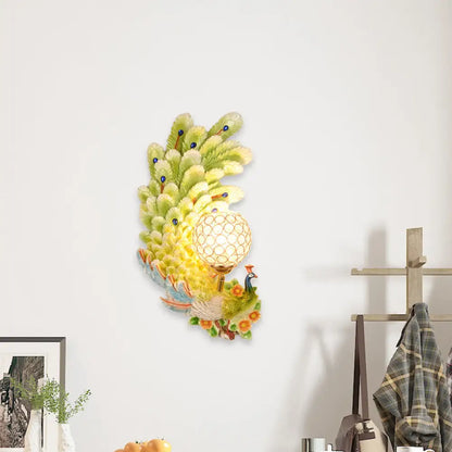 DecorBites™ Peacock Wall Sconce with Crystal Shade - Country Resin 1-Light in Yellow/Green (1/2 Pack)