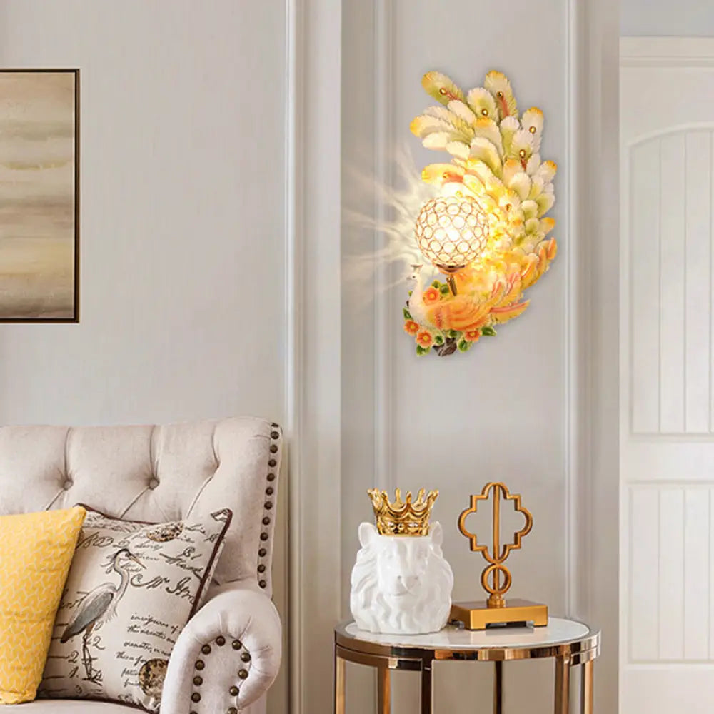 DecorBites™ Peacock Wall Sconce with Crystal Shade - Country Resin 1-Light in Yellow/Green (1/2 Pack)