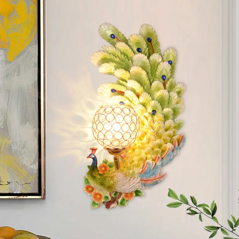 DecorBites™ Peacock Wall Sconce with Crystal Shade - Country Resin 1-Light in Yellow/Green (1/2 Pack)