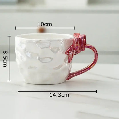 Pearl glazed bowknot handle porcelain mug set red & silver kitchen