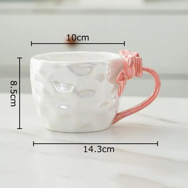 Pearl glazed bowknot handle porcelain mug set red & silver kitchen