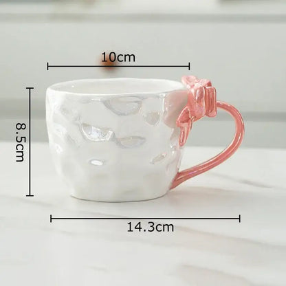 Pearl glazed bowknot handle porcelain mug set red & silver kitchen