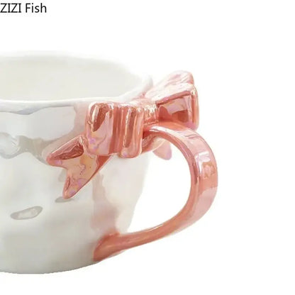 Pearl glazed bowknot handle porcelain mug set red & silver kitchen