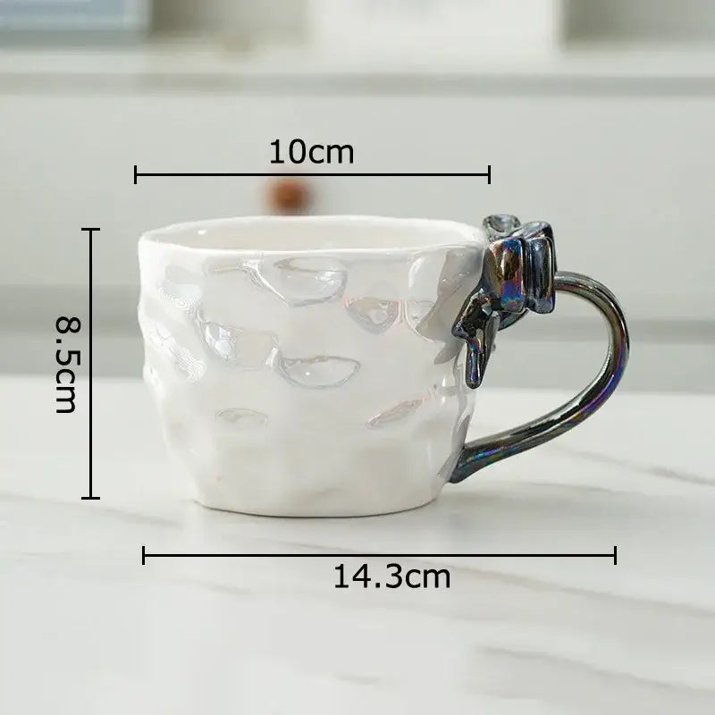 Pearl glazed bowknot handle porcelain mug set red & silver kitchen
