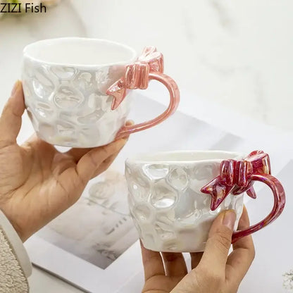 Pearl glazed bowknot handle porcelain mug set red & silver kitchen