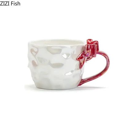 Pearl glazed bowknot handle porcelain mug set red & silver kitchen