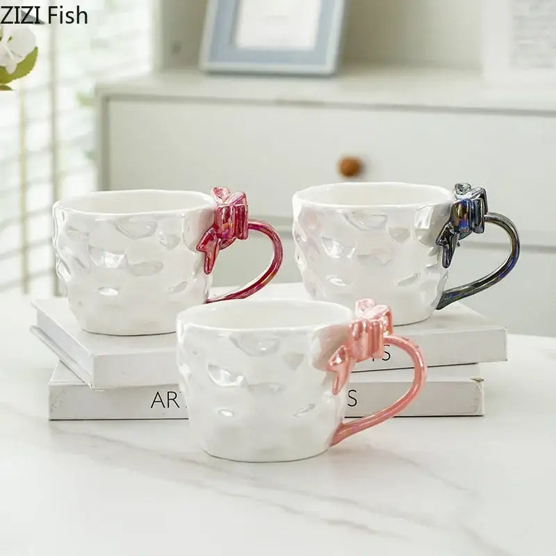 Pearl glazed bowknot handle porcelain mug set red & silver kitchen